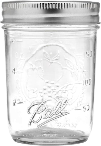 Ball Regular Mouth 8oz jar close-up showing clear glass for pantry storage.