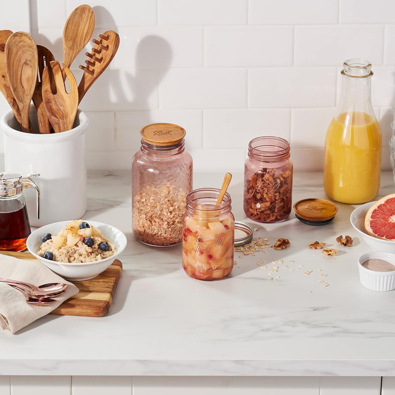 Rose-colored glassware from Ball adds vintage charm to kitchen décor