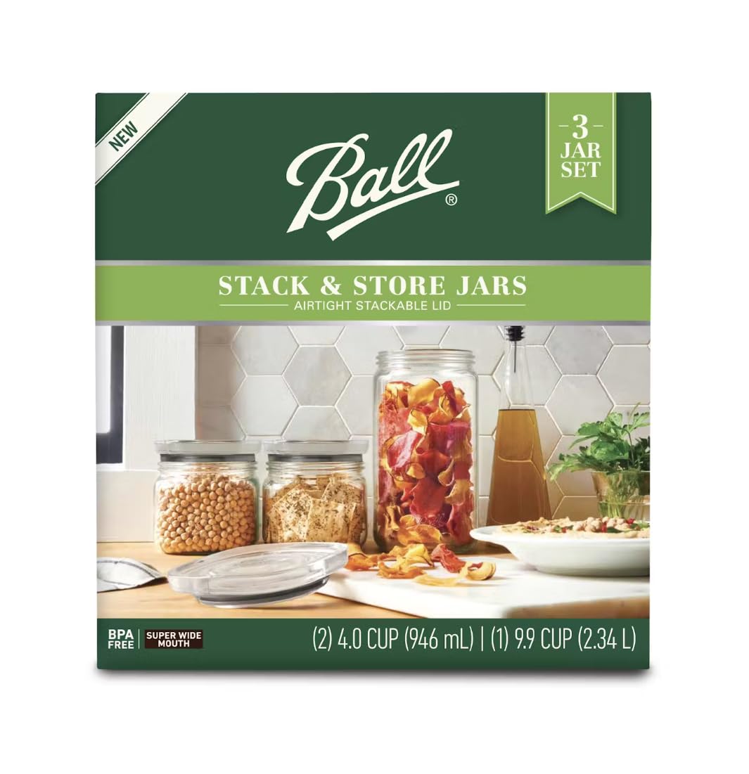 Ball Stack and Store 9.9-cup jar with crystal-clear lids for easy visibility.