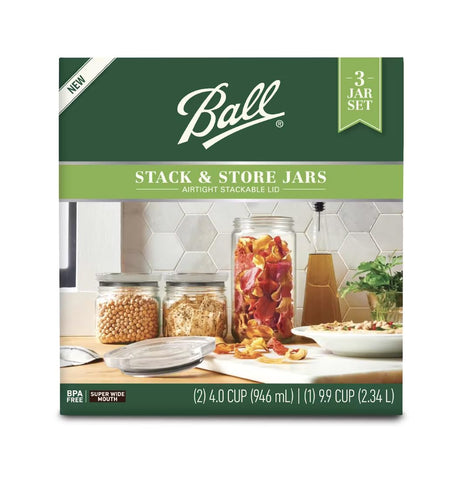Ball Stack and Store 9.9-cup jar with crystal-clear lids for easy visibility.