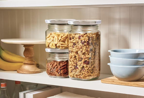 Ball Stack and Store jars arranged in a tidy kitchen for organized pantry setup.