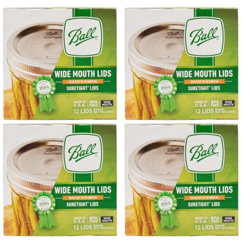 Ball wide mouth lids pack front view ready for batch canning.