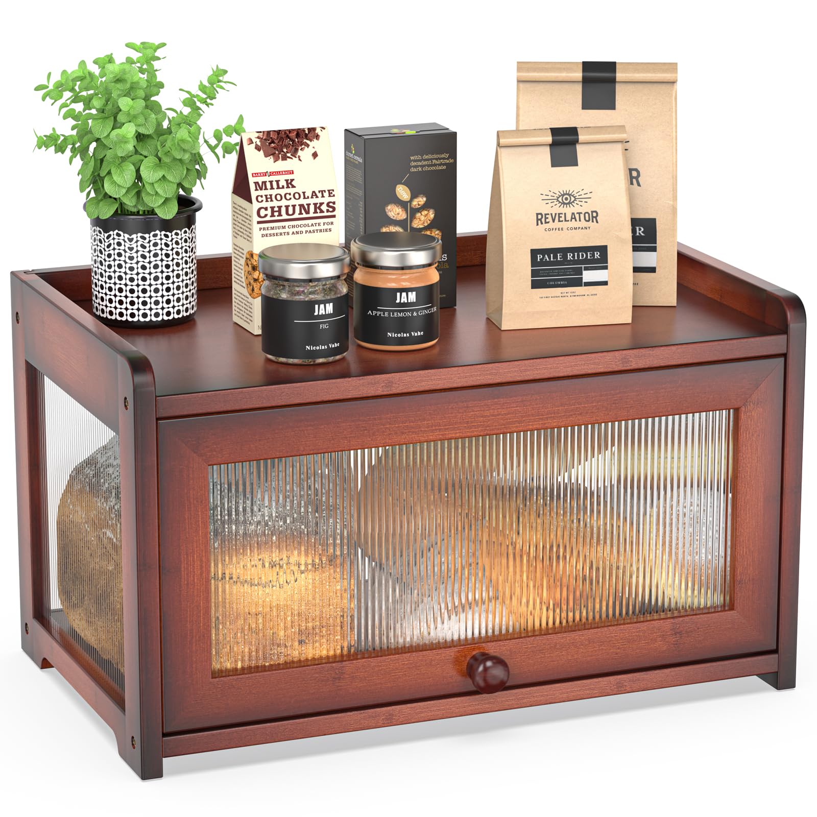 BAMBANG Bamboo Bread Box with 360° visibility showcases bread on a counter.