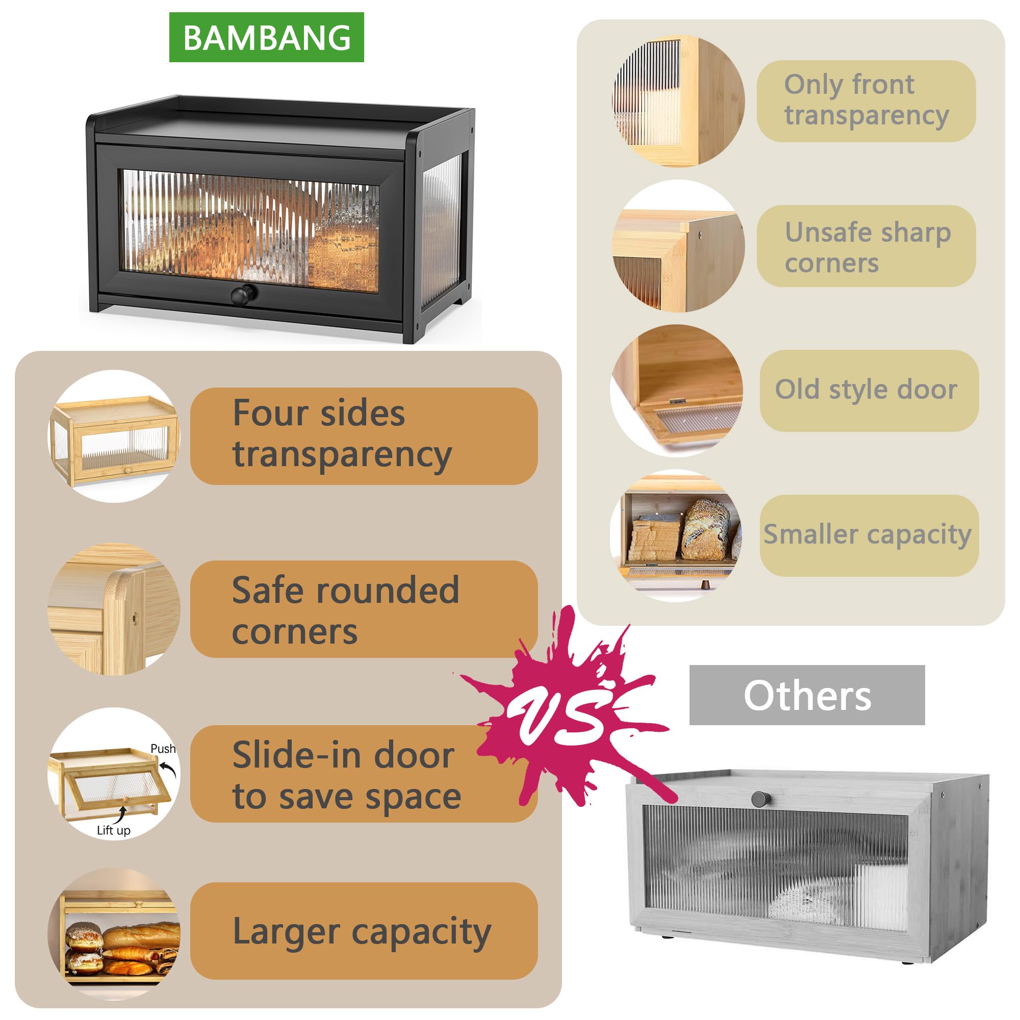 BAMBANG bamboo bread box anti-skid feet keep the unit steady on counters