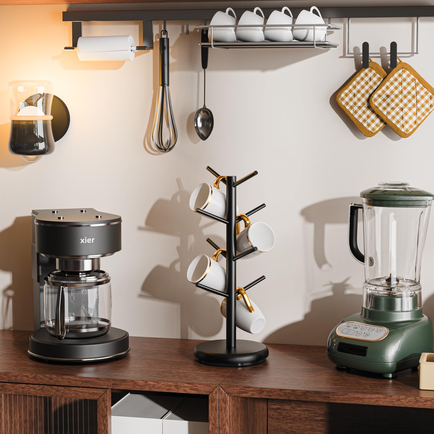 BAMBANG mug tree on a counter promotes quick mug reach and display.