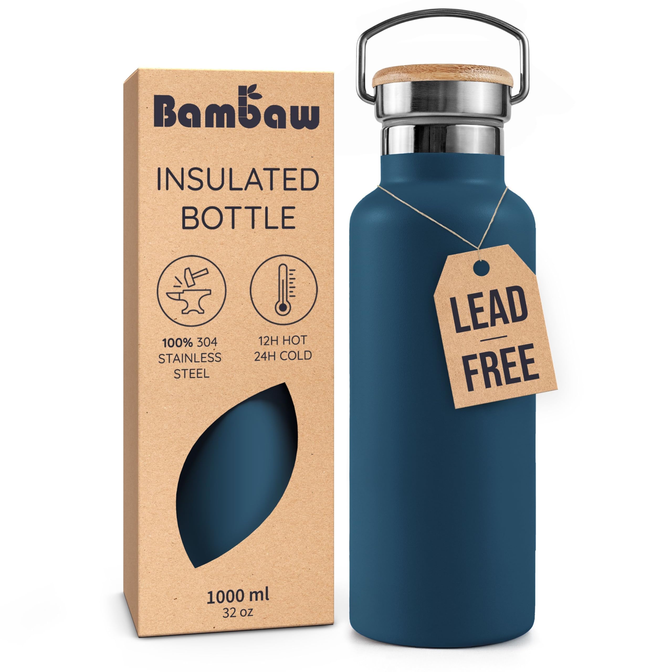 Bambaw 32oz insulated bottle front view, durable stainless steel for daily hydration.