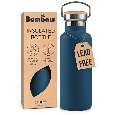 Bambaw 32oz insulated bottle front view, durable stainless steel for daily hydration.