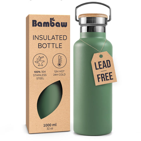 Bambaw 32oz insulated water bottle in sage green with leak-proof design.