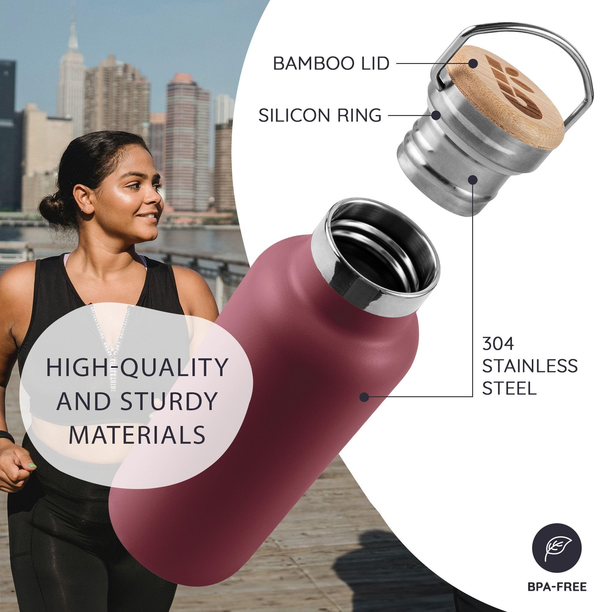 Bambaw bottle Red Berry side profile, sleek steel design