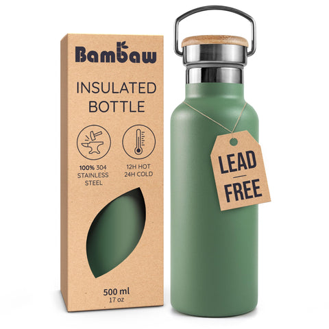 Bambaw insulated water bottle green front view for daily hydration