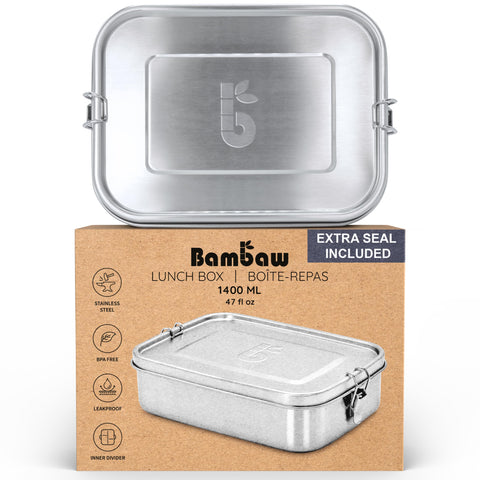 Bambaw stainless steel lunch box with clip closure ensures spill-free meals on the go.