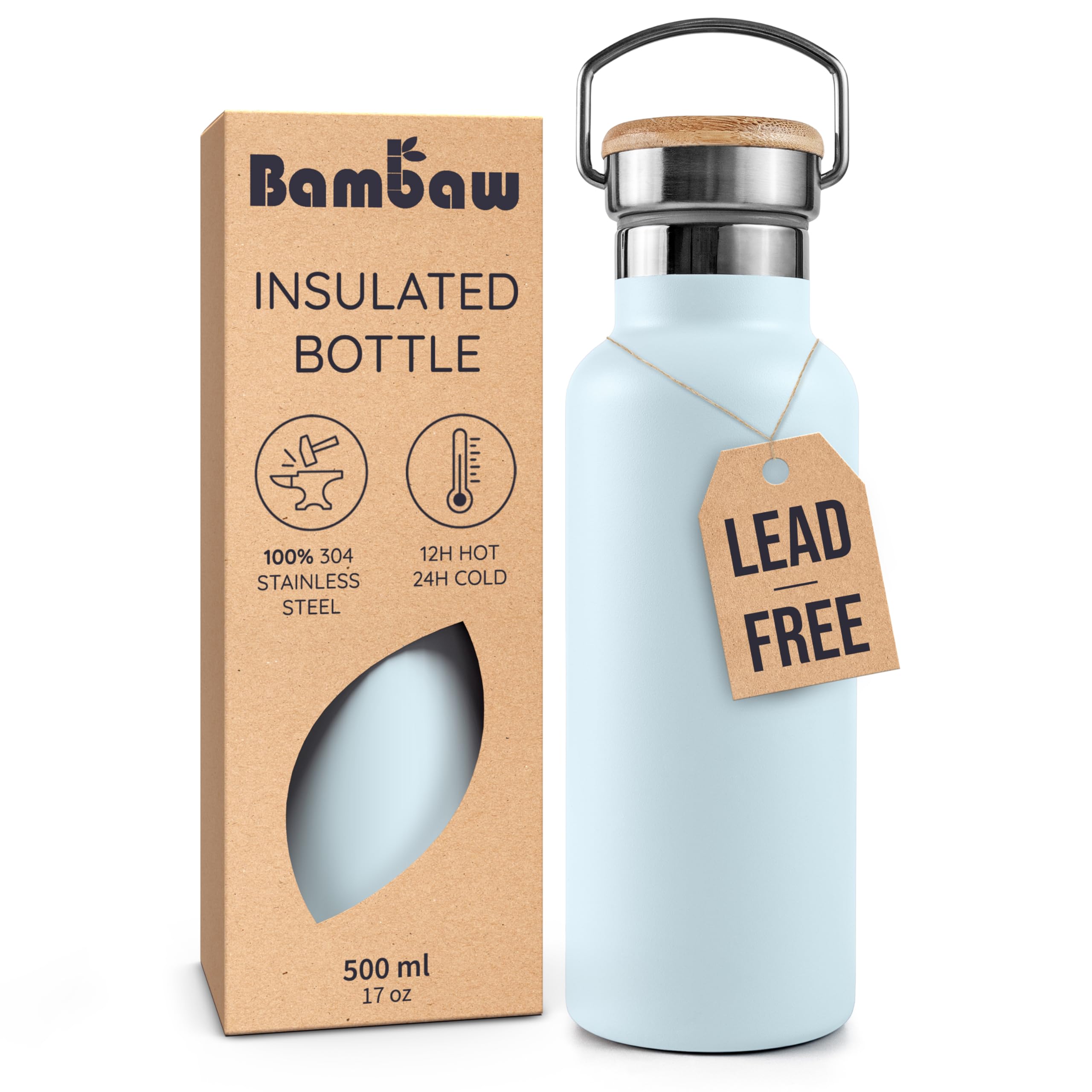 Bambaw Thermo Water Bottle ice-blue full shot for everyday hydration on the move.
