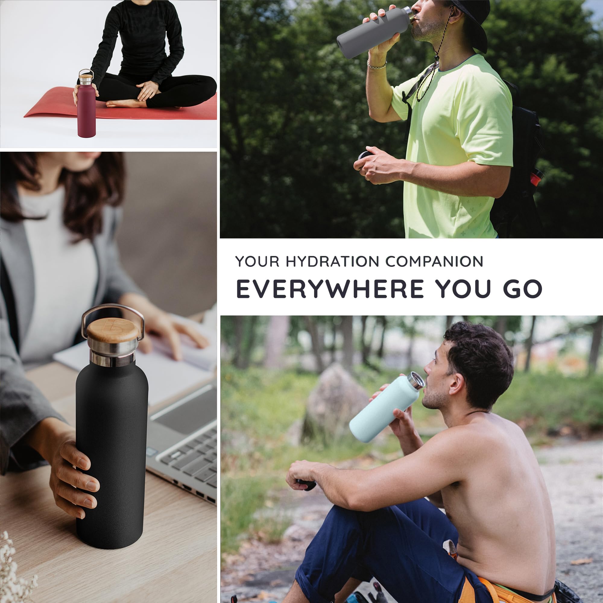 Bambaw Thermo Water Bottle travel-ready image shows compact 16 oz size and carry handle.