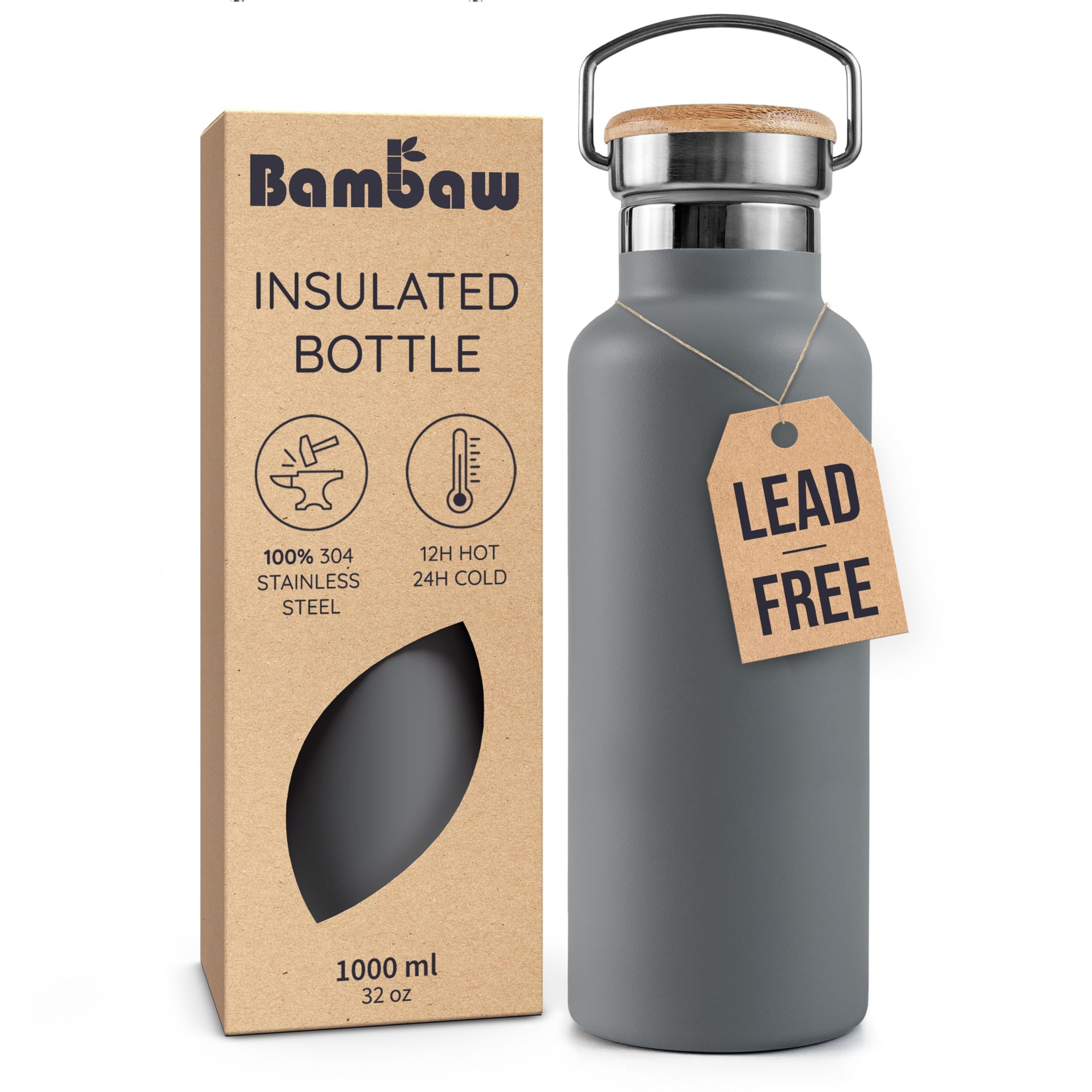 Bambaw 32oz water bottle in stormy gray, front view for daily use