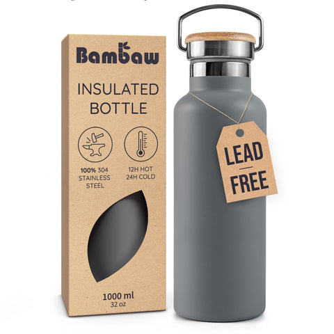 Bambaw 32oz water bottle in stormy gray, front view for daily use