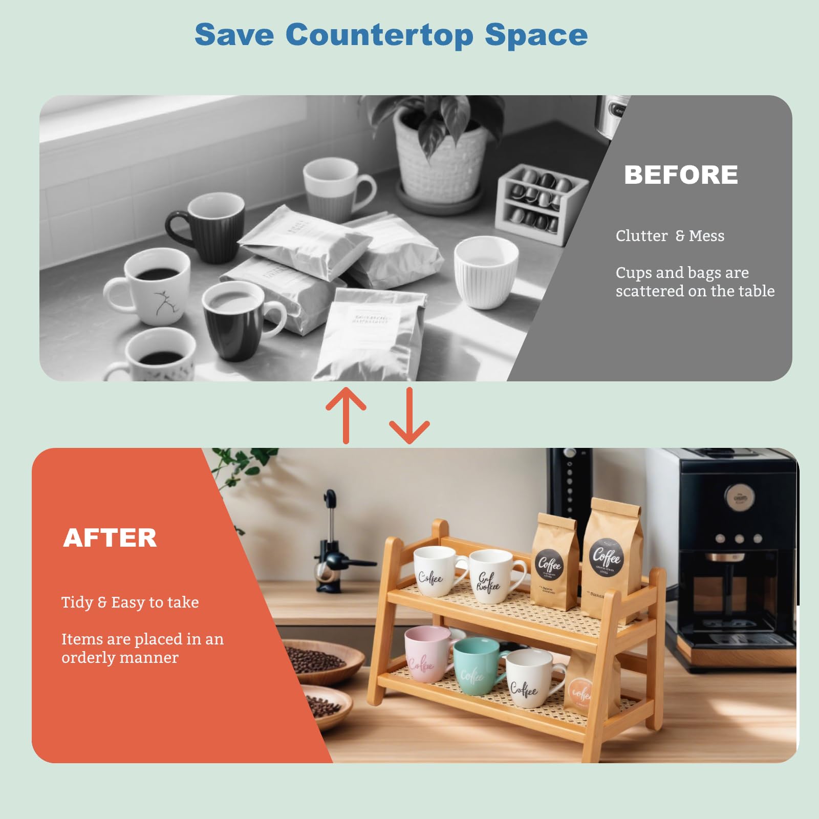 2-Tier coffee station organizer lower space accommodates taller bottles.