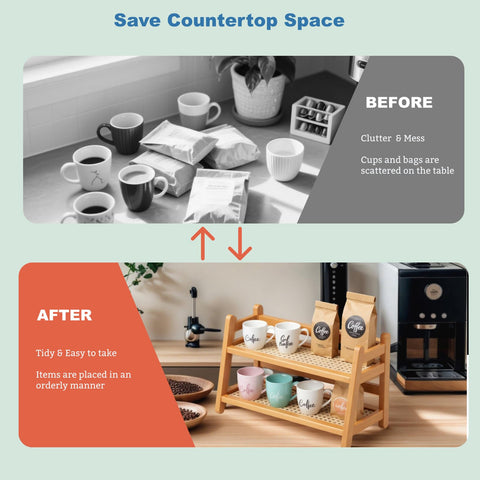 2-Tier coffee station organizer lower space accommodates taller bottles.