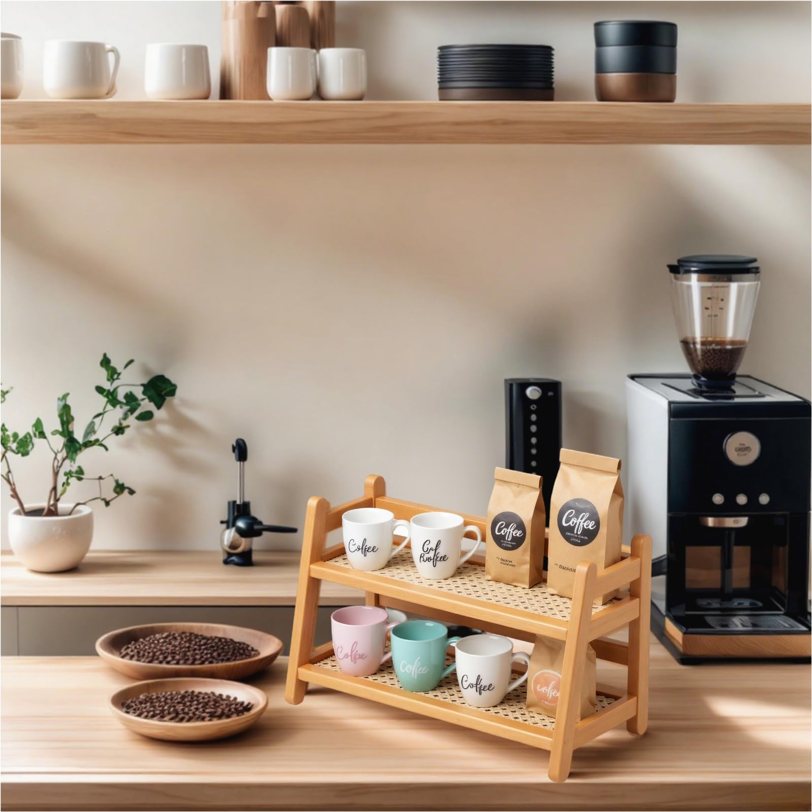 2-Tier coffee station organizer upper edge prevents mugs from sliding.