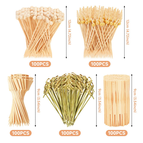 Bamboo Gold Ball Picks with assorted styles for versatile skewers.