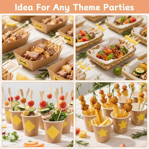 Bamboo Gold Ball Picks enhancing buffet displays at parties.