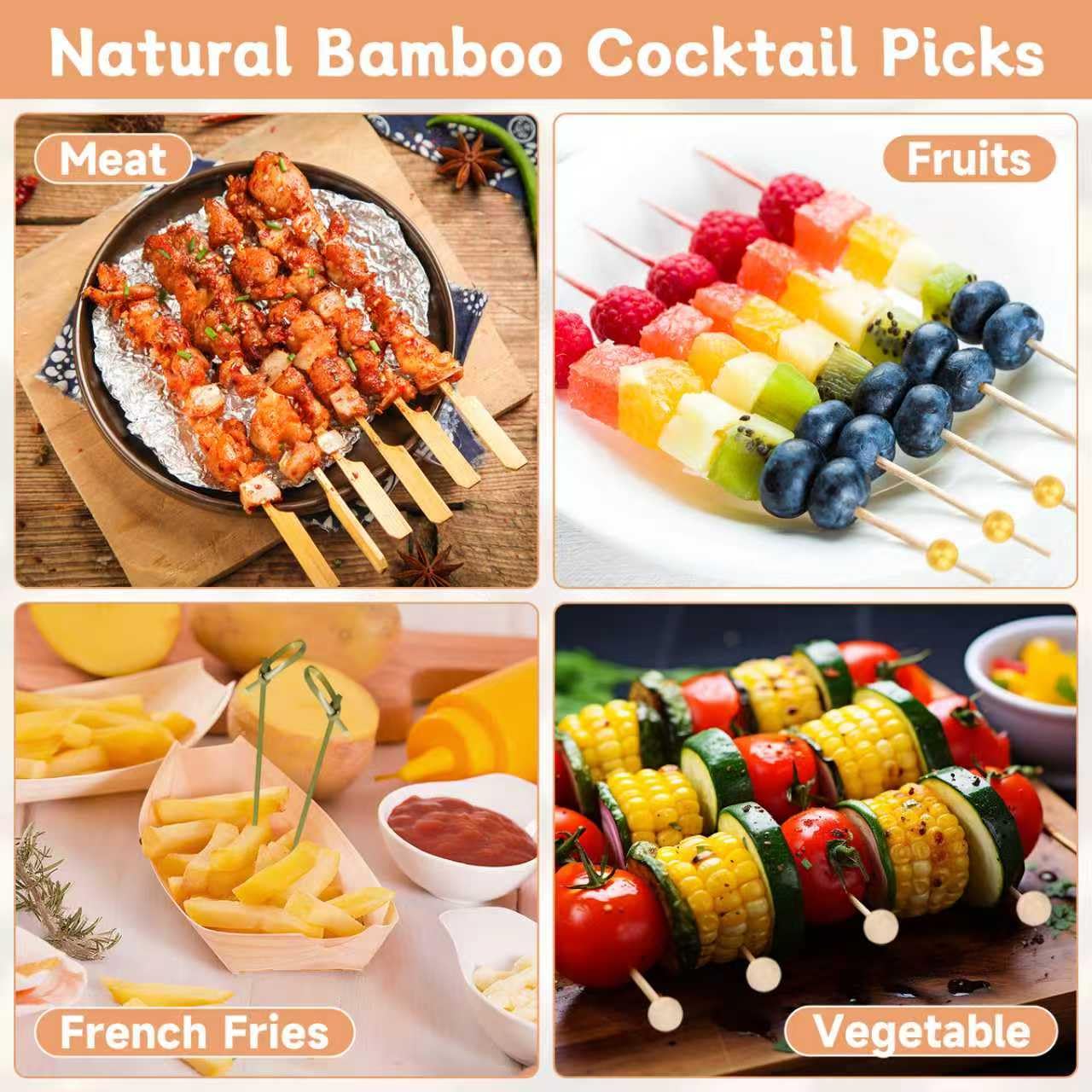 Bamboo Gold Ball Picks sturdy bamboo for easy food piercing.