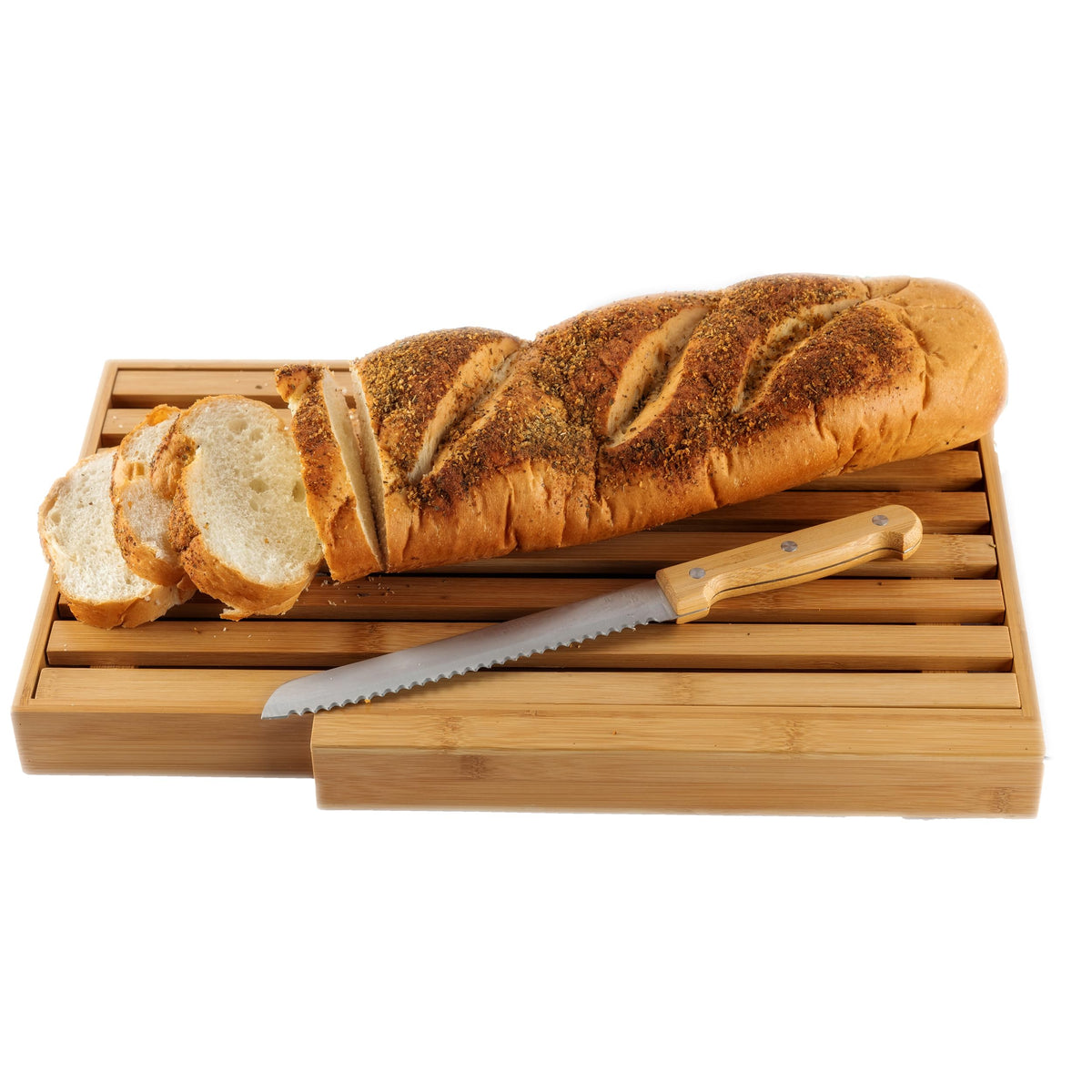 BAMBOO LAND large bread board with knife and crumb catcher for clean slicing.