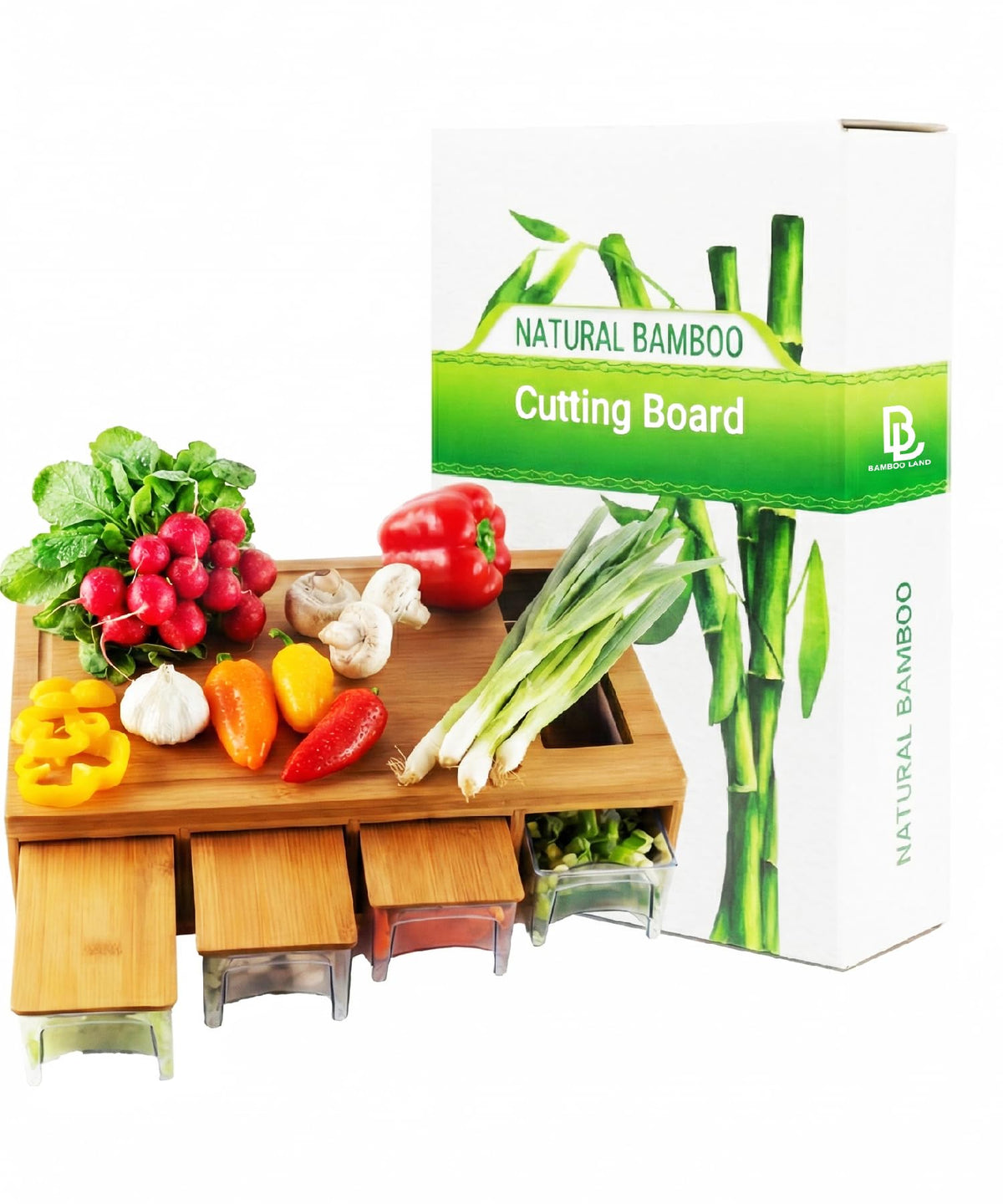 BAMBOO LAND large cutting board with trays for organized prep and storage