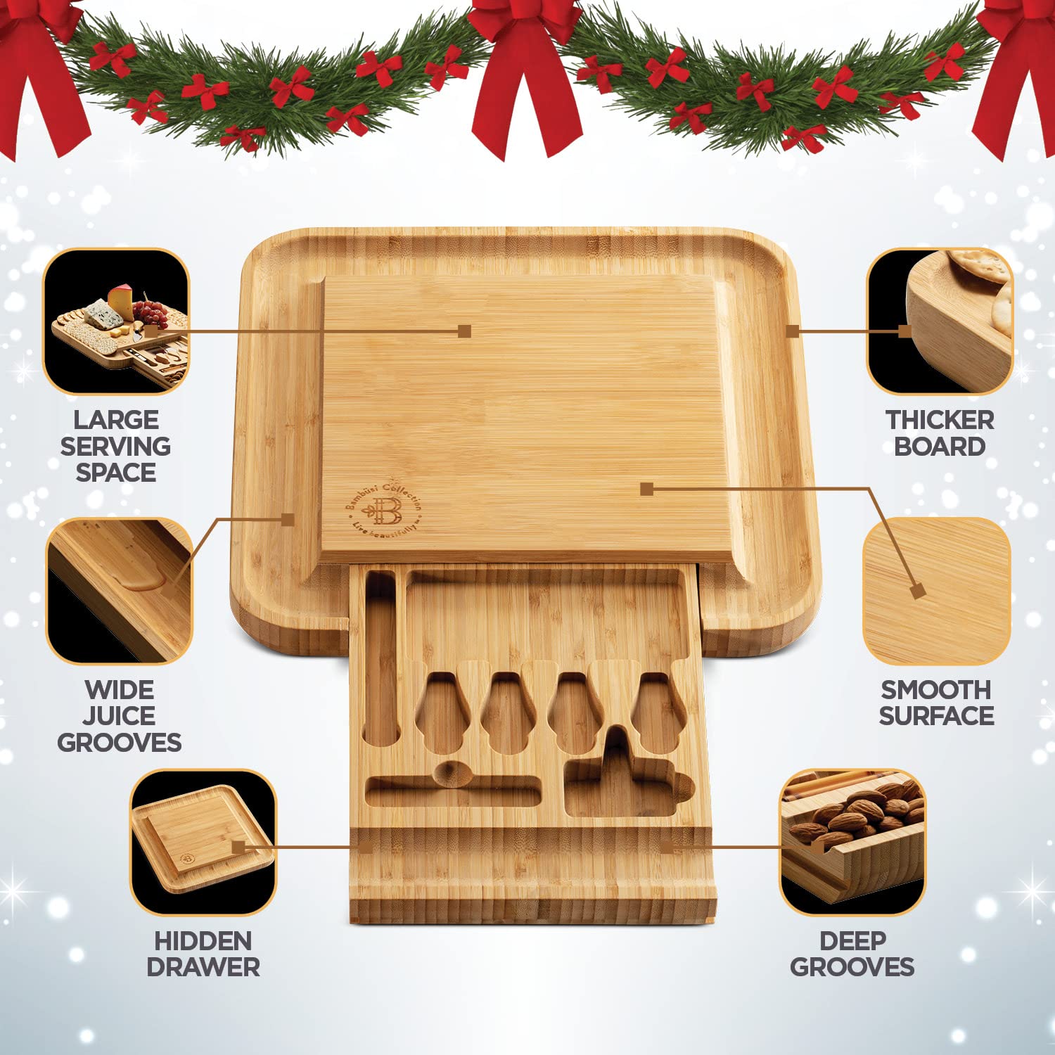 Bambüsi bamboo cheese board set showcasing natural grain for elegant serving.
