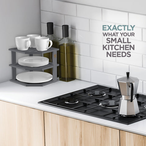 Bambüsi bamboo corner rack, 3-tier side view showcasing sturdy shelf design.