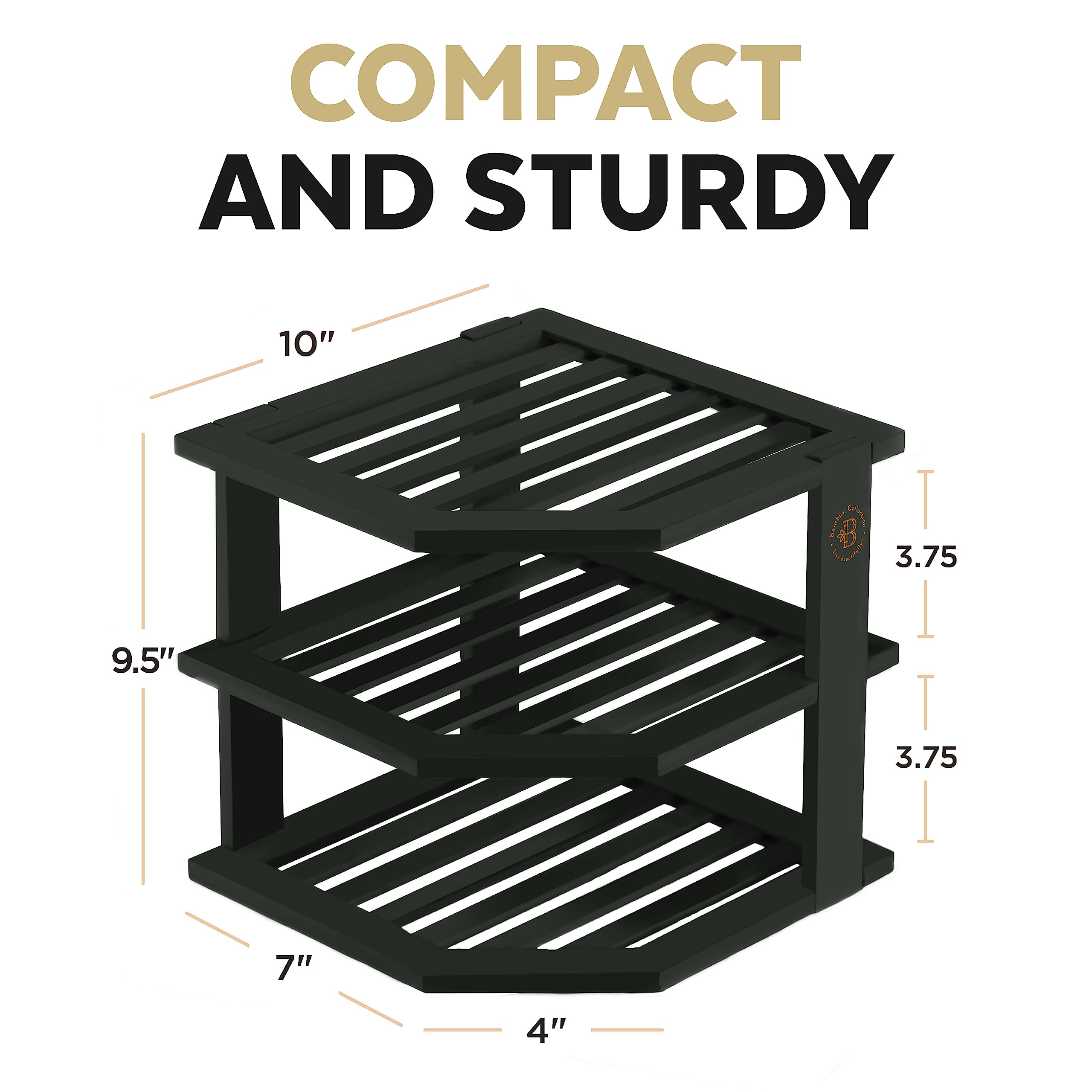 Bambüsi bamboo dish organizer on countertop makes stacking dishes easy and neat.
