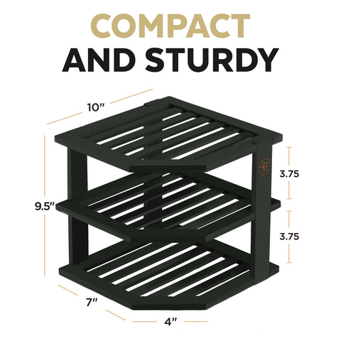 Bambüsi bamboo dish organizer on countertop makes stacking dishes easy and neat.