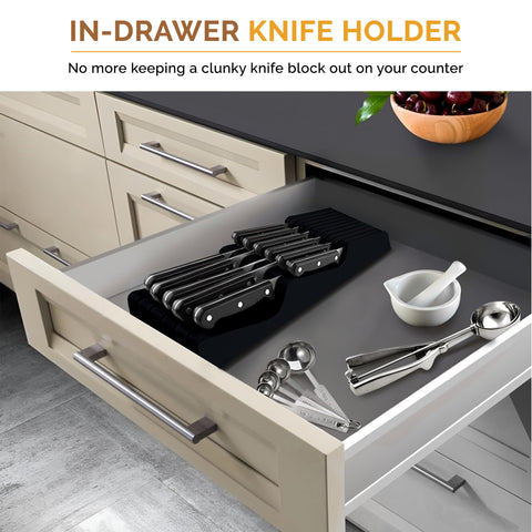 Bambüsi bamboo knife holder with straight slots keeps blades protected and accessible.