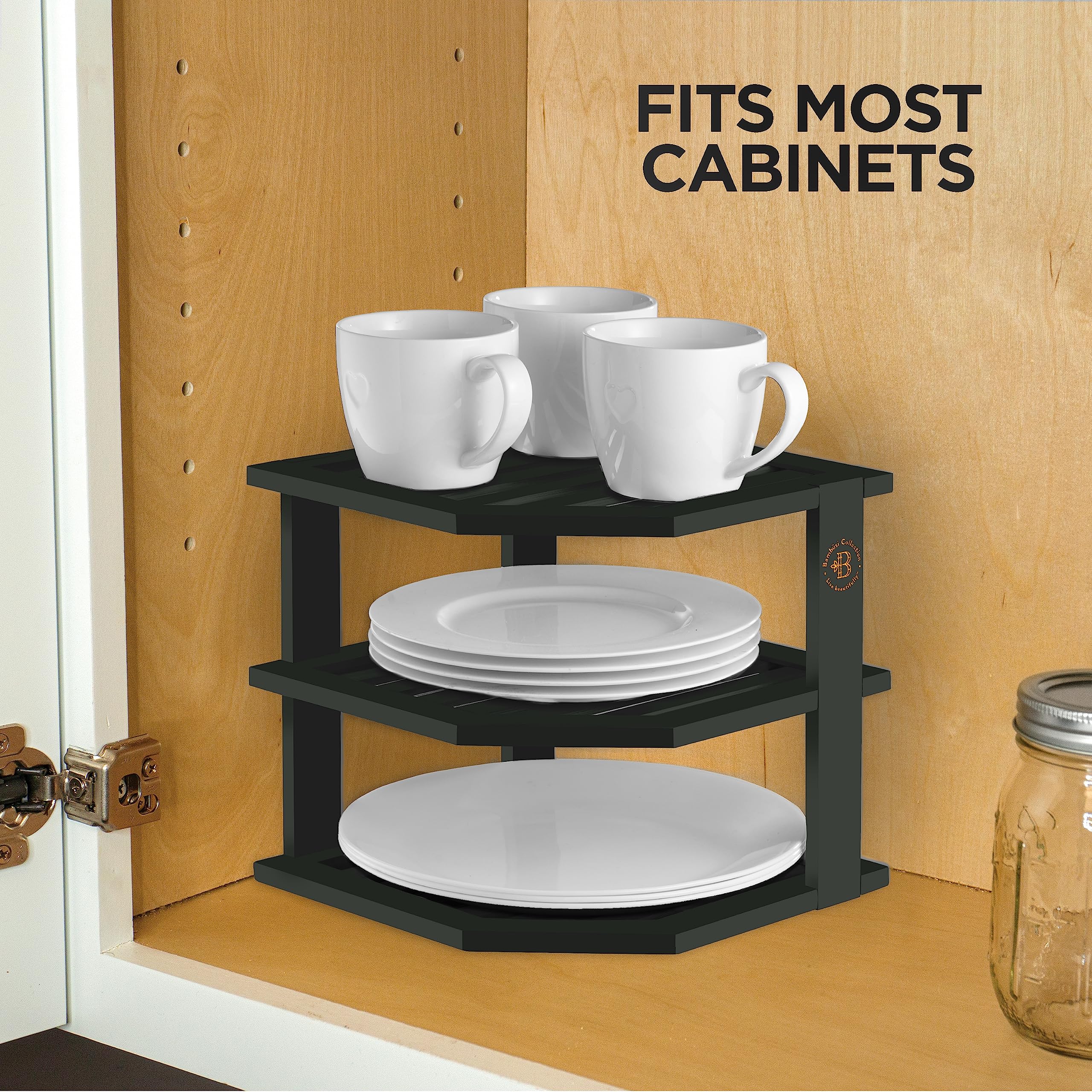 Bambüsi bamboo spice shelf in corner saves pantry space and keeps essentials accessible.
