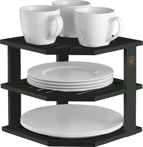 Bambüsi black cabinet organizer shelf offers a sleek look and space-saving storage.