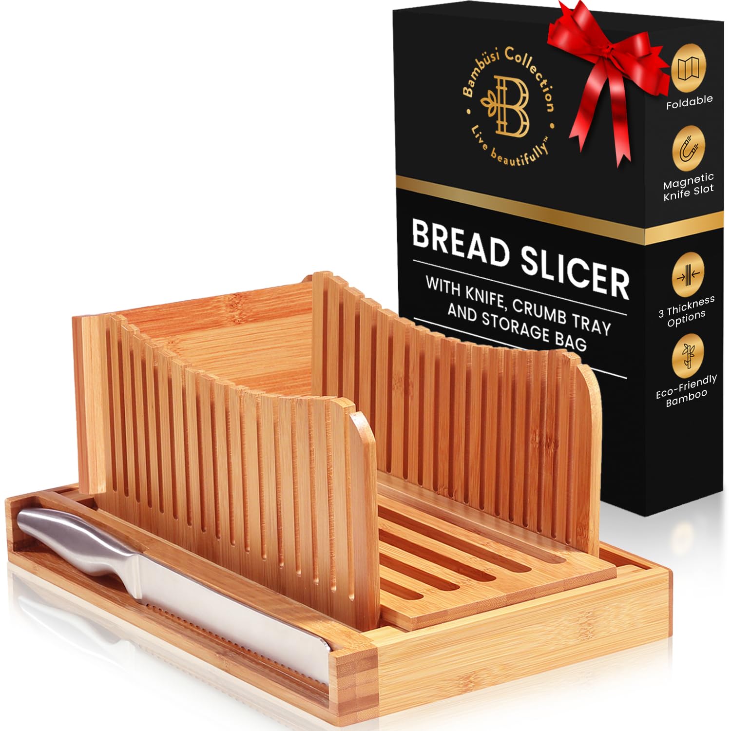 Bambüsi bread slicer overview: elegant bamboo frame for precise, mess-free slices.