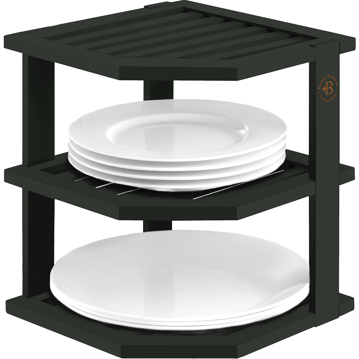 Bambüsi cabinet organizer shelf in corner design saves cabinet space for plates and bowls.