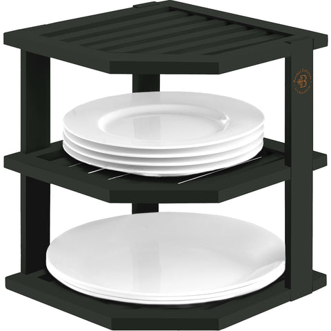 Bambüsi cabinet organizer shelf in corner design saves cabinet space for plates and bowls.