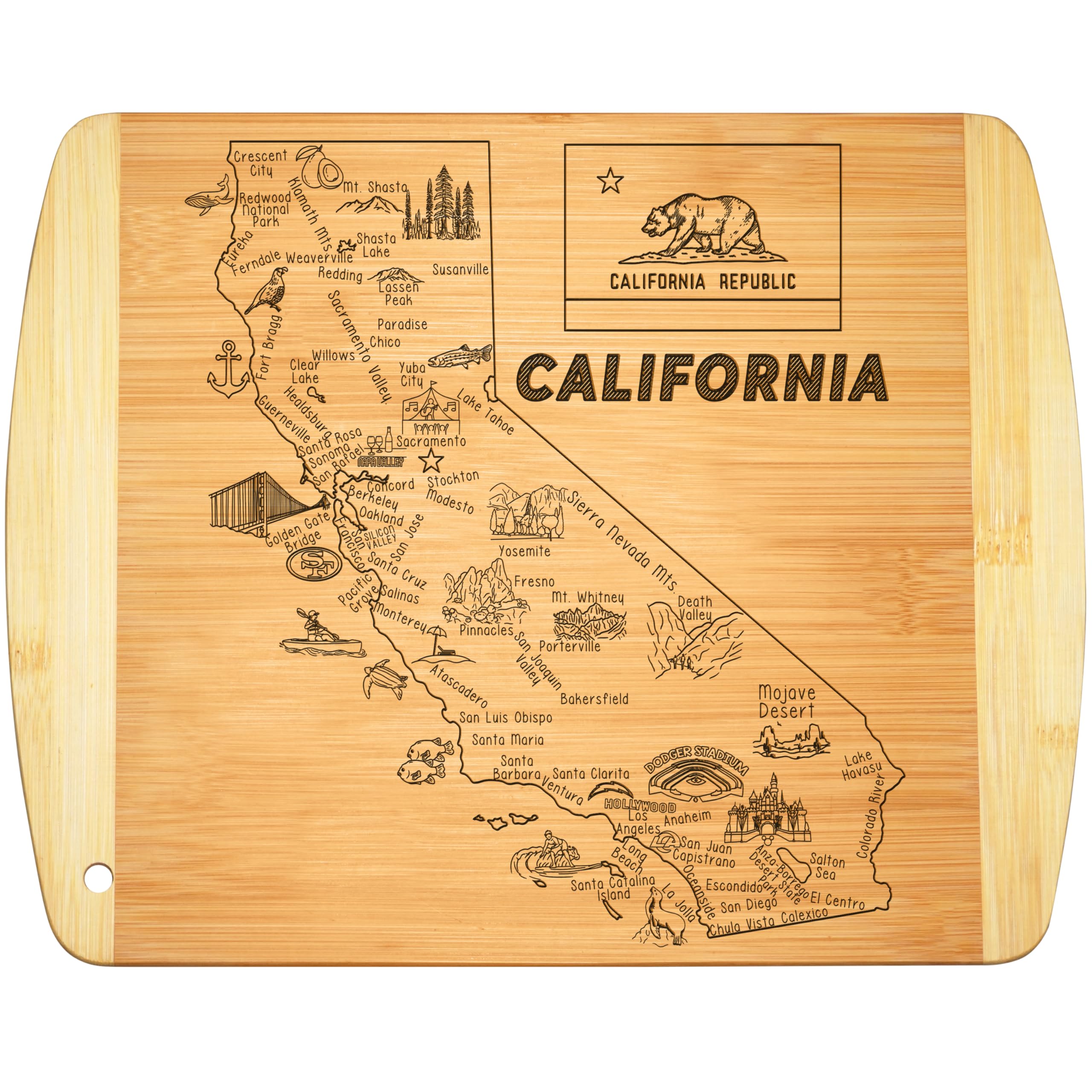 Bambüsi California state map cutting board with engraved landmarks for stylish serving.
