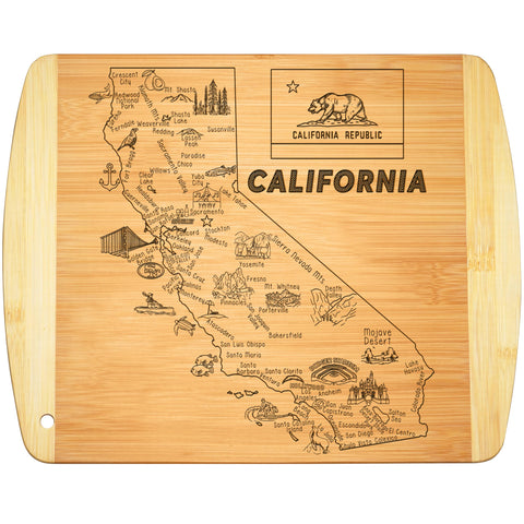 Bambüsi California state map cutting board with engraved landmarks for stylish serving.