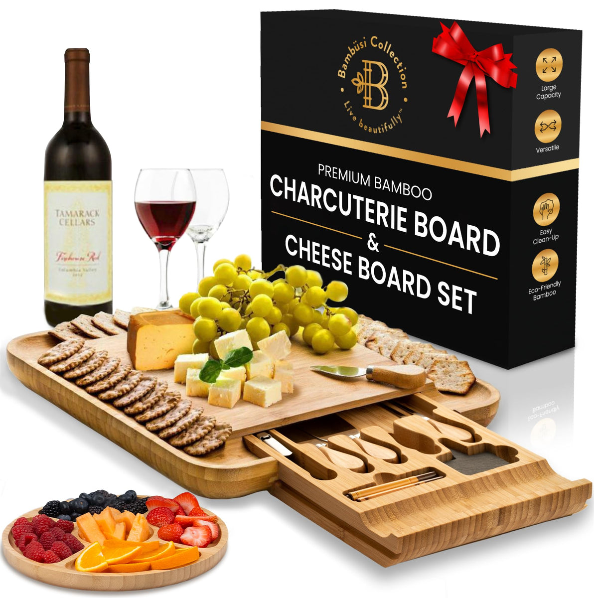 Bambüsi charcuterie board with hidden drawer and knives for effortless hosting.