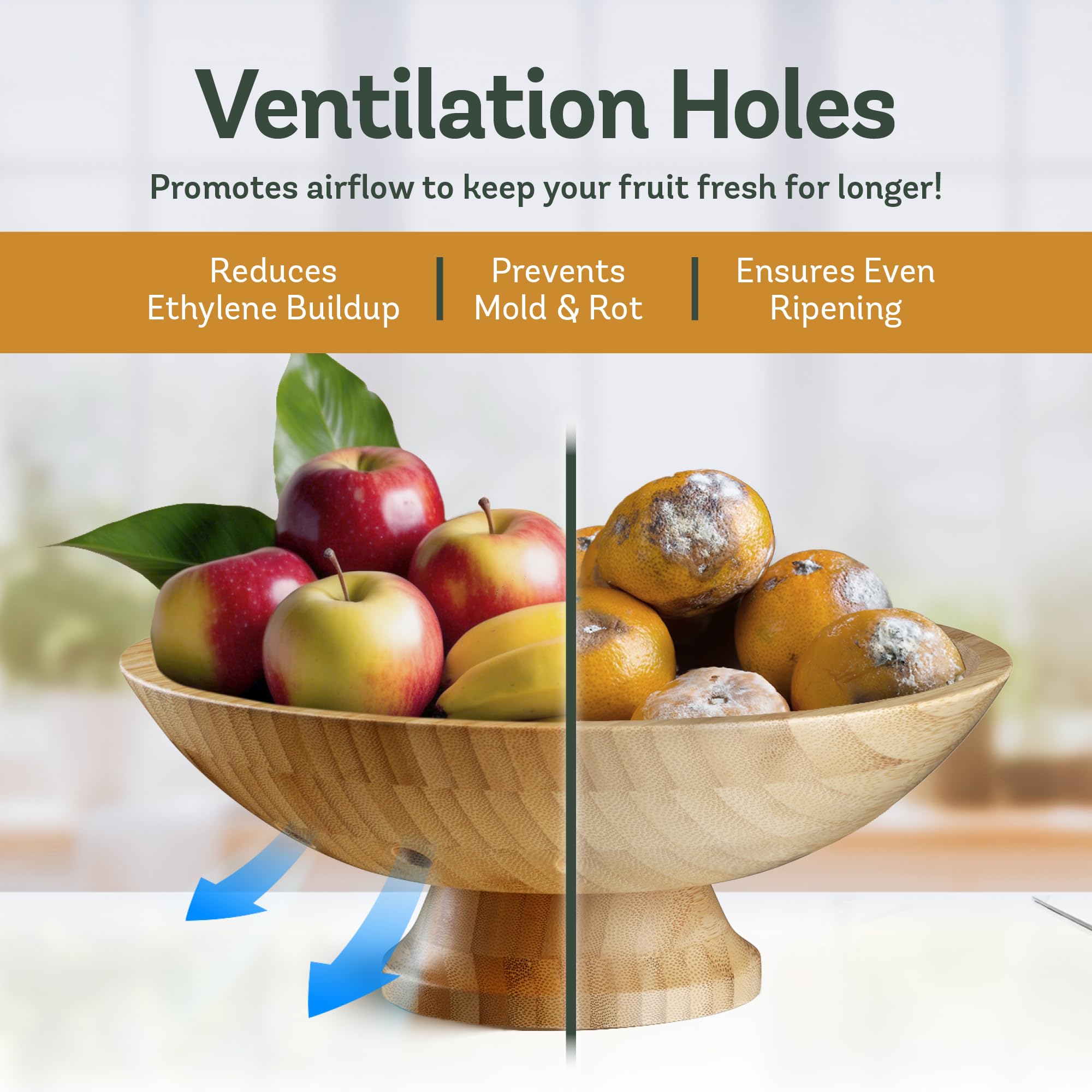 Bambüsi Multipurpose counter organizer holds fruits, vegetables, and snacks.