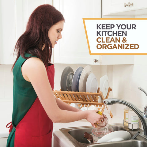 Bambüsi dish drying rack on counter with sturdy screws for stability.