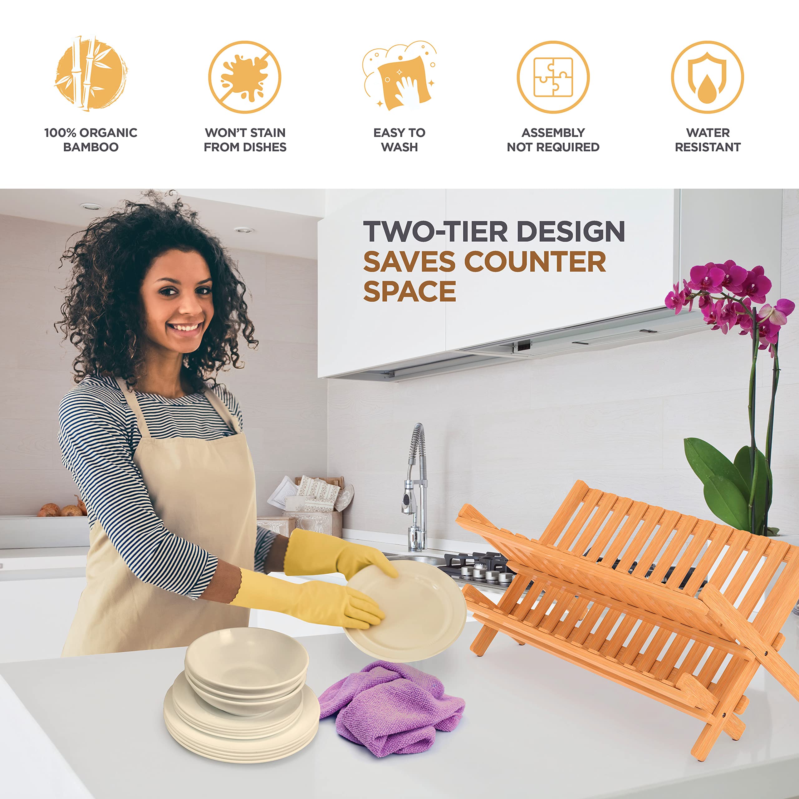Bambüsi dish drying rack with ventilation holes speeds drying.