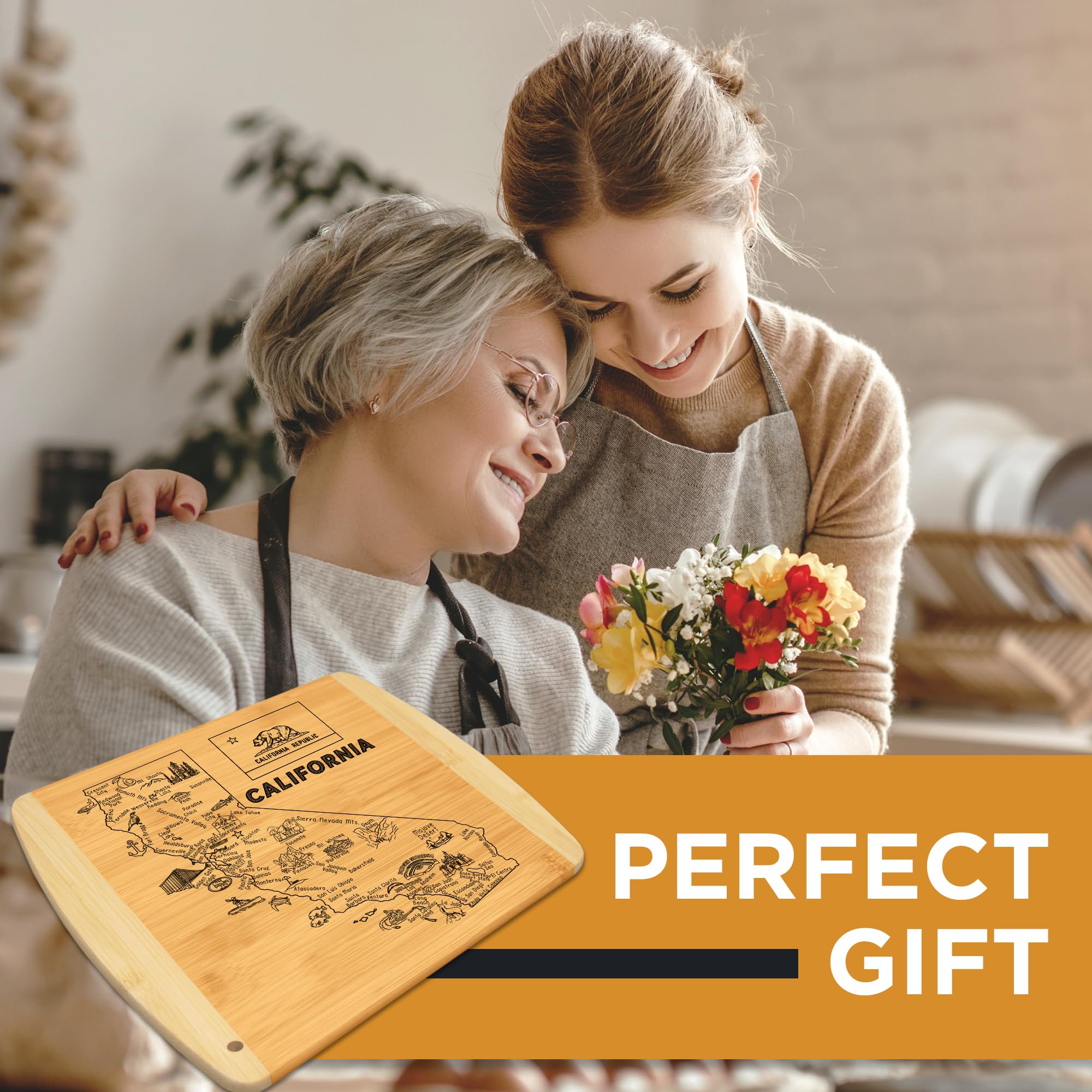 Bambüsi engraved California map front showcases landmarks for elegant California decor.