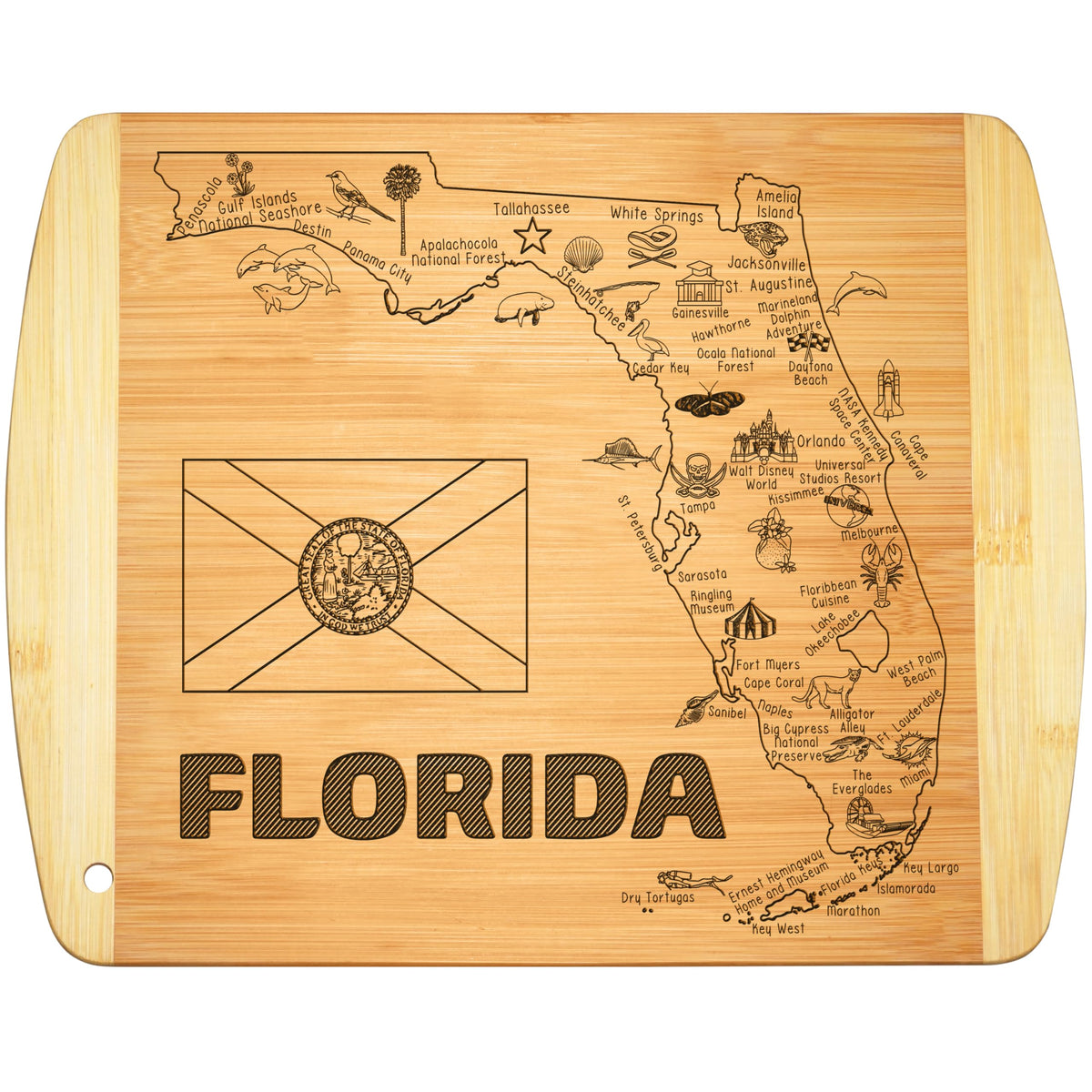 Bambüsi Florida map cutting board, front view, ideal for stylish serving and display.