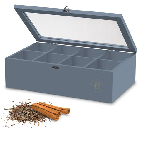 Gift-ready Bambüsi tea organizer in gray bamboo.