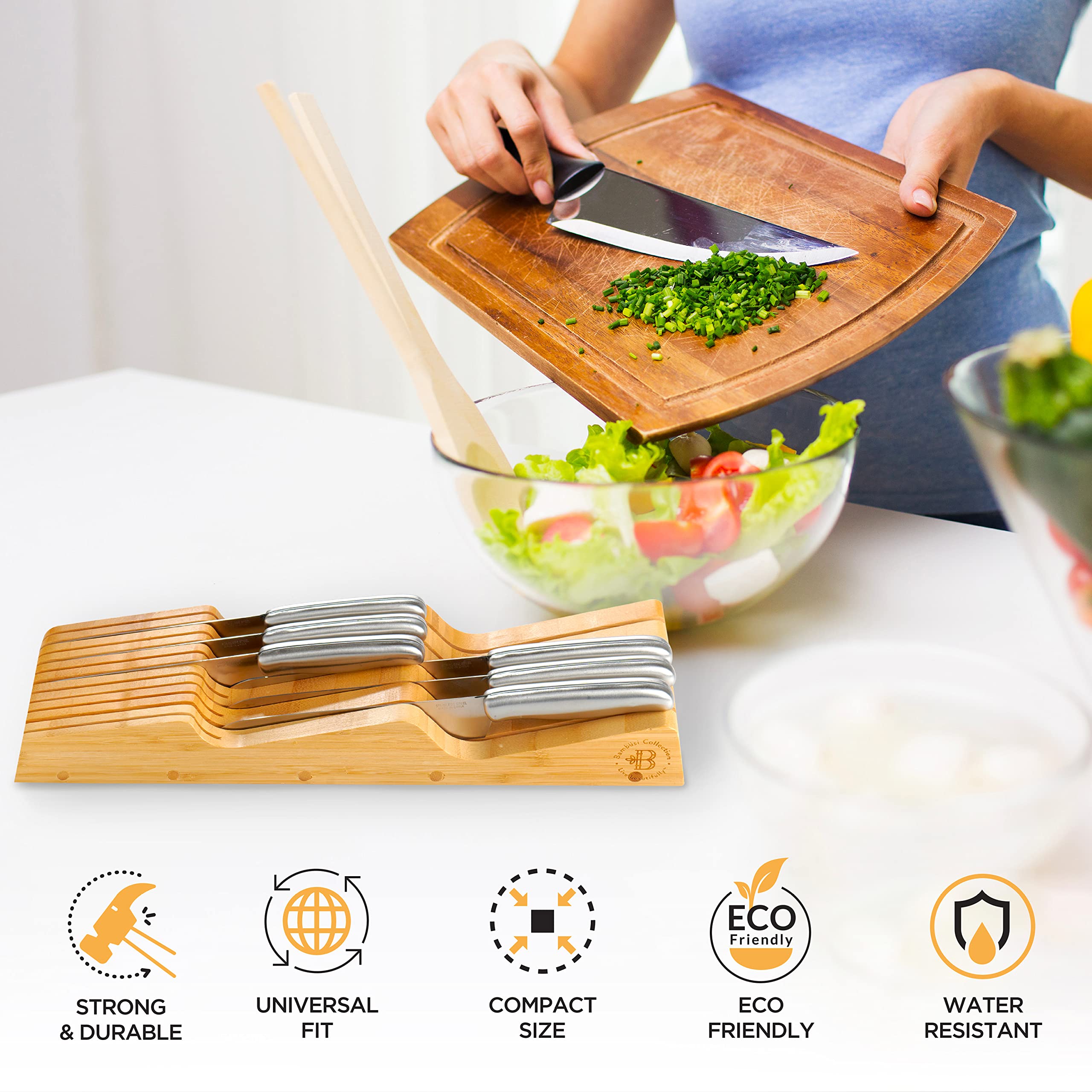 Eco-friendly bamboo construction is strong yet gentle on blades.