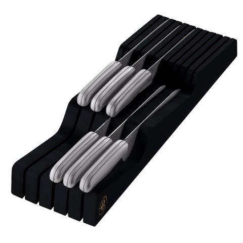 Bambüsi in-drawer knife block offers compact drawer organization to save counter space.