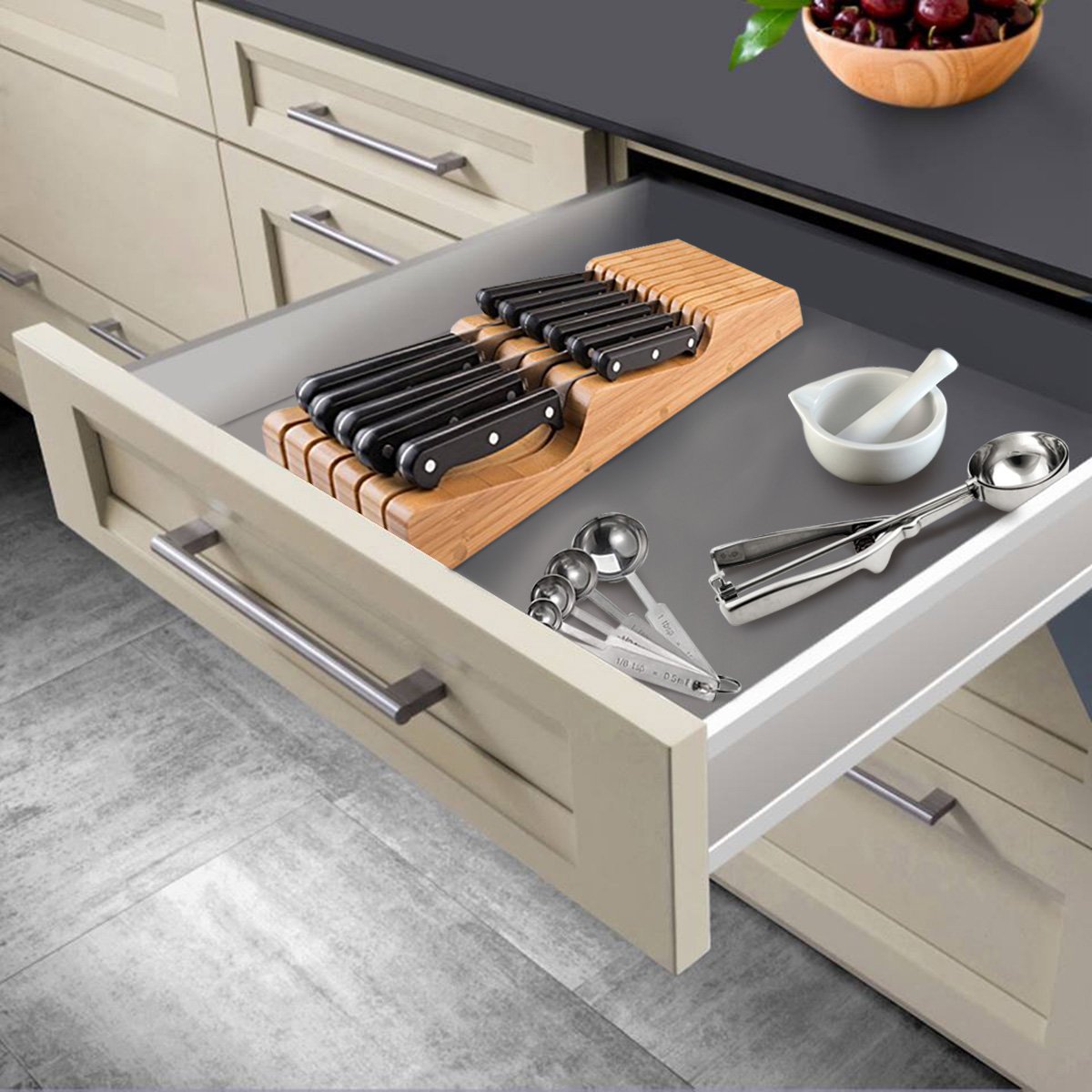Fits most standard drawers up to 17 inches long.