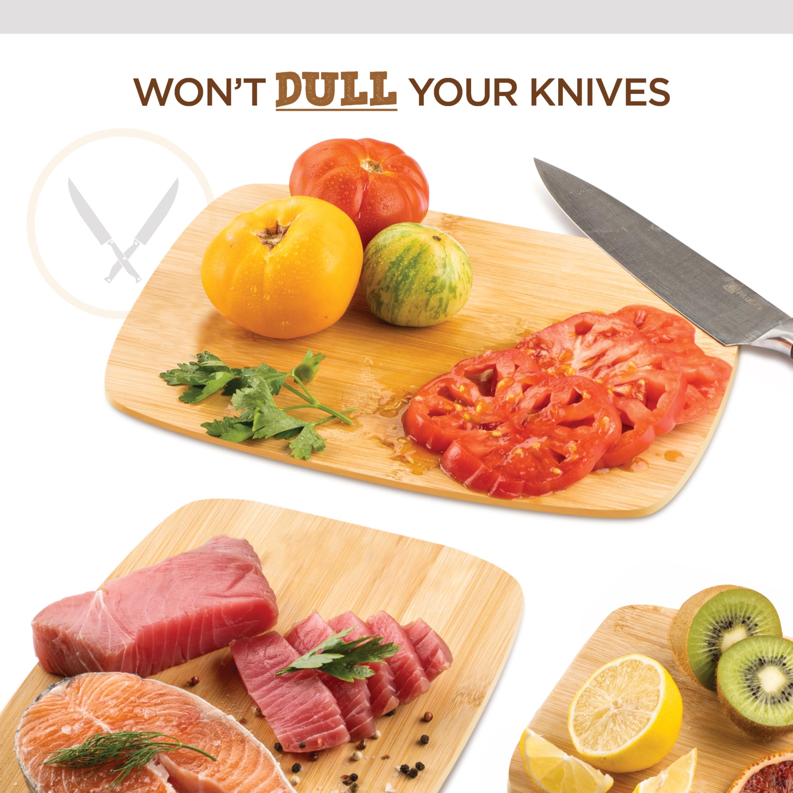 Bambüsi knife-friendly surface protects blades during chopping.